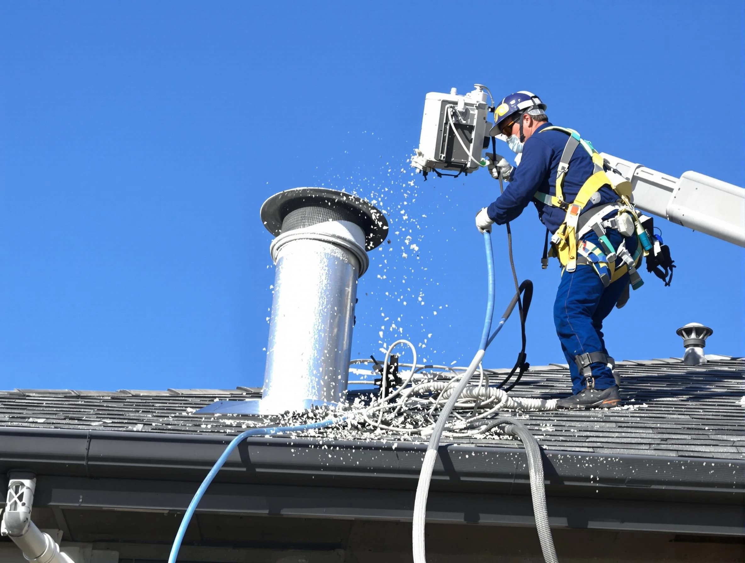 Mount Pleasant Dryer Vent Cleaning certified technician safely cleaning a roof-mounted dryer vent in Mount Pleasant