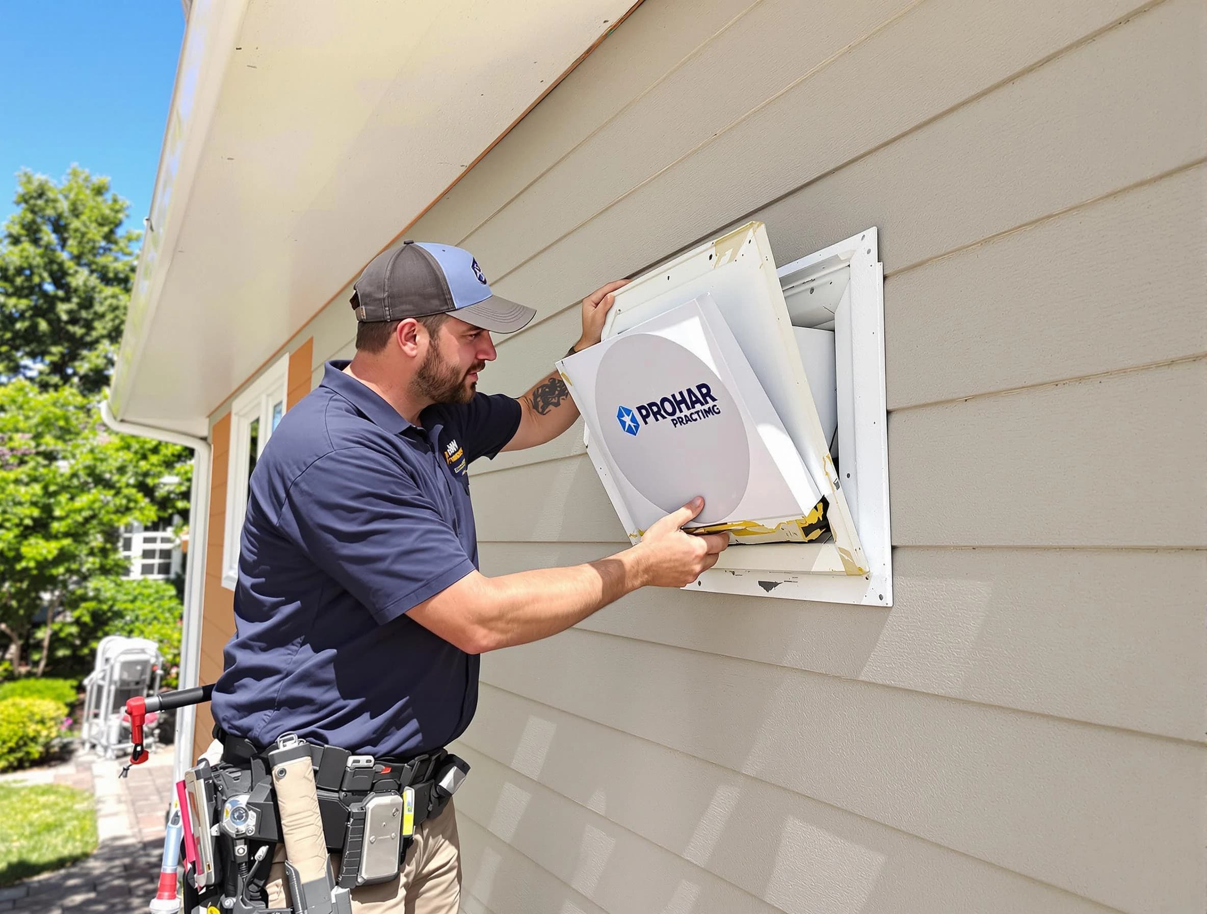 Mount Pleasant Dryer Vent Cleaning technician installing a new protective dryer vent cover on a home in Mount Pleasant