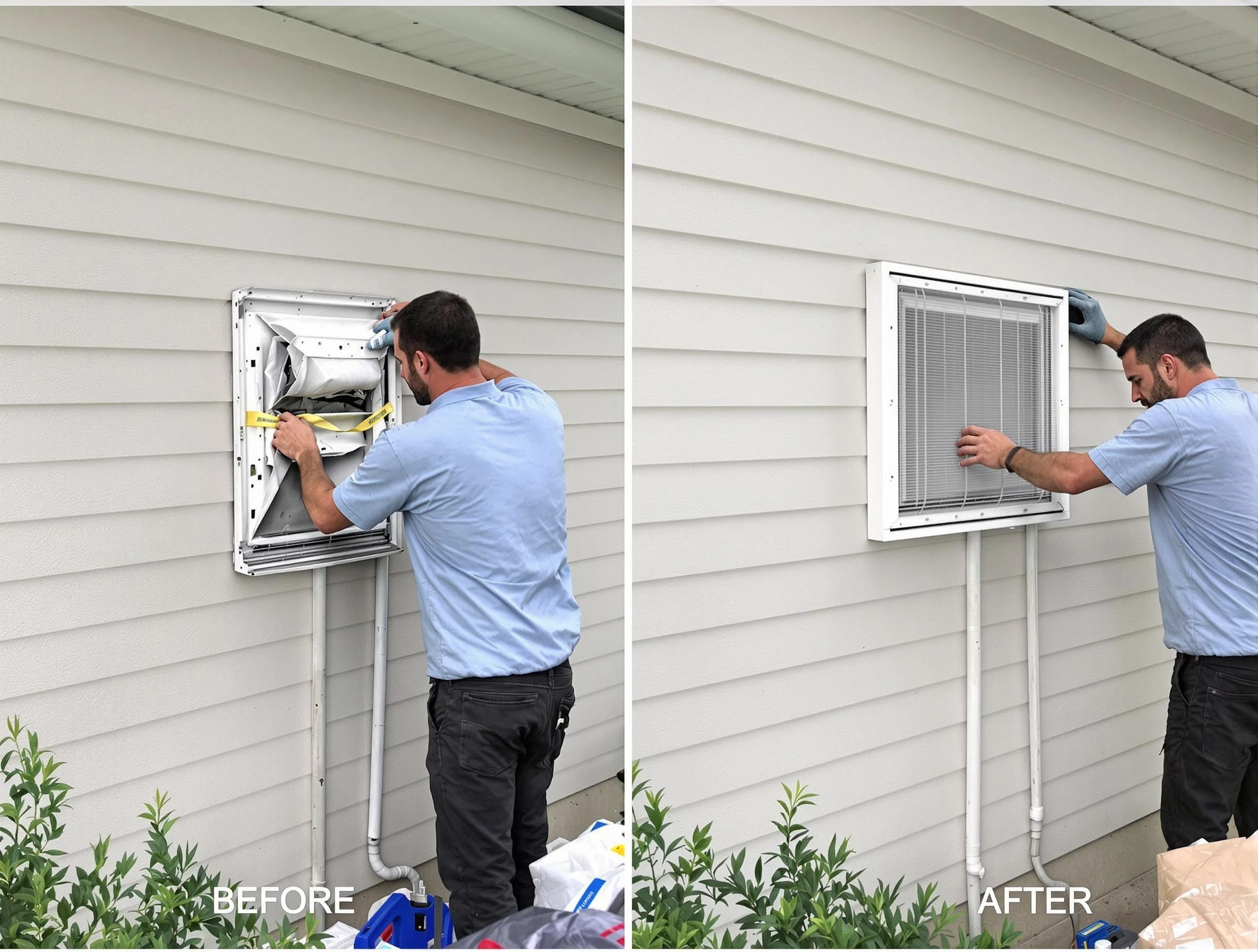 Mount Pleasant Dryer Vent Cleaning technician installing high-quality dryer vent cover at a residential property in Mount Pleasant